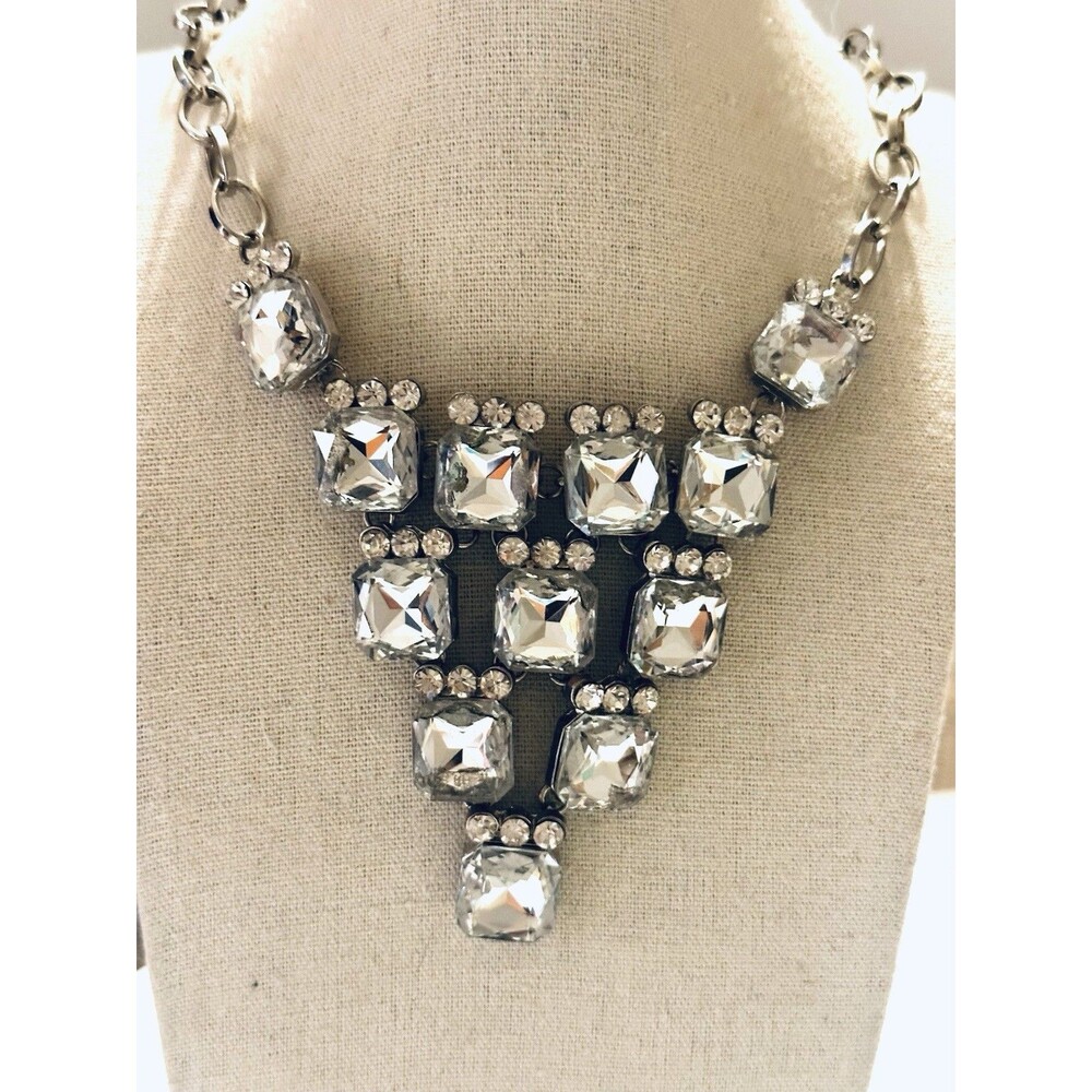 Silver Tone Clear Rhinestone Statement Bib Necklace Chunky Square Crystals